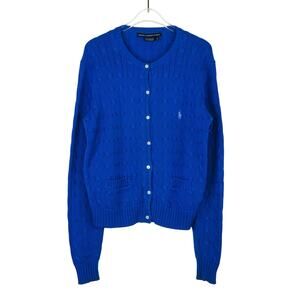 Vintage Ralph Lauren Blue Cable Knit Cardigan Sweater Polo Logo Women's Large